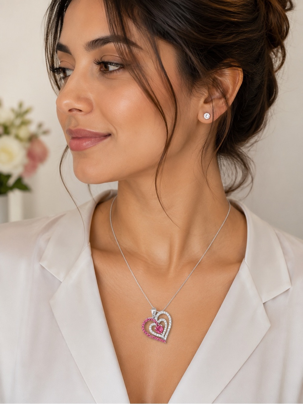 Sterling Silver Heart Pendant Necklace with Pink Gemstone
